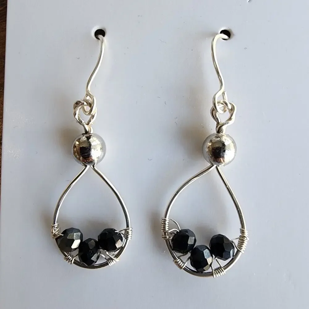 Teardrop Earrings Handcrafted Copper Wire, Silver Plated, Tourmaline, 1.75 in
